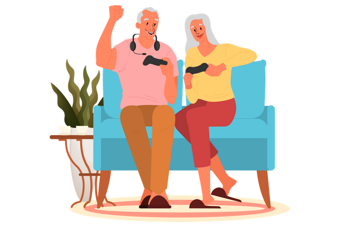 Old people playing video games  Illustration