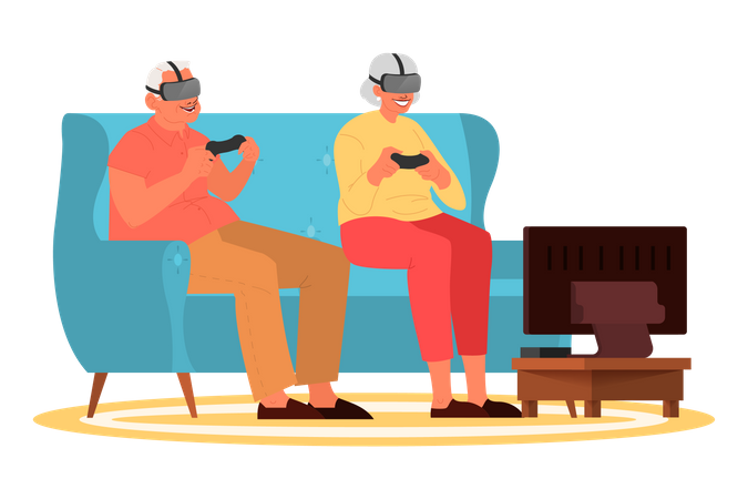 Old people playing video games  Illustration