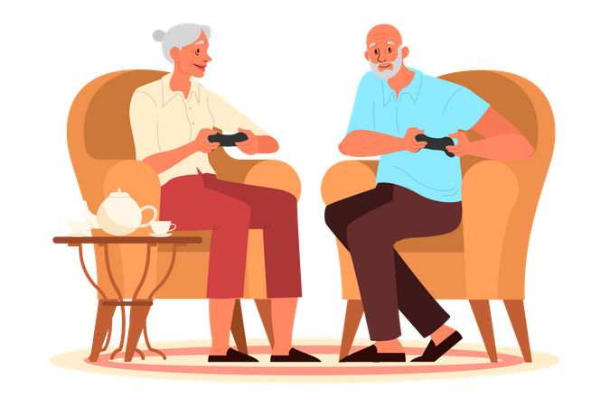 Old people playing video games  Illustration