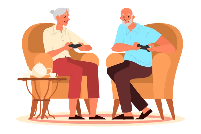 Old people playing video games  Illustration