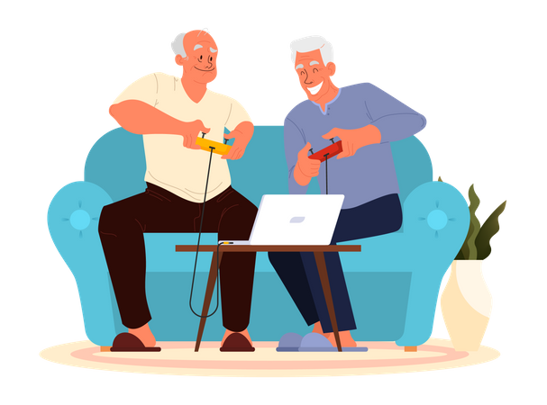 Old people playing video games  Illustration