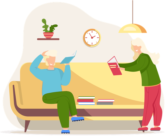 Old people reading book at home  Illustration