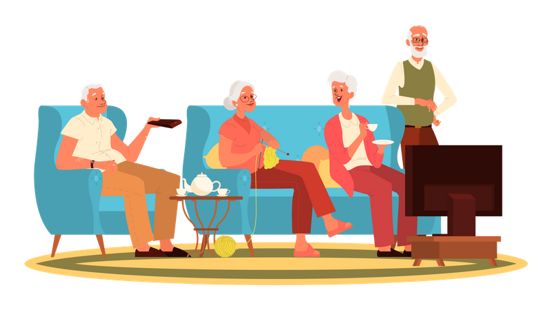 Old people sitting on sofa and watching TV Illustration