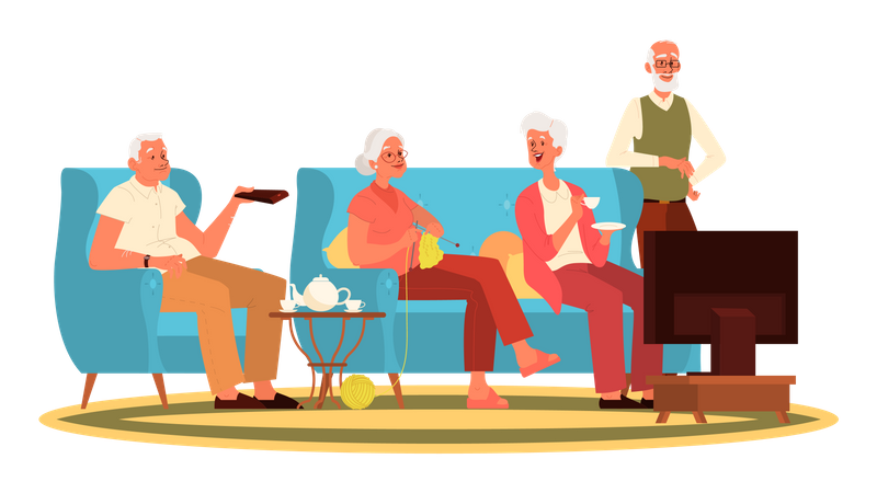 Old people sitting on sofa and watching TV  Illustration