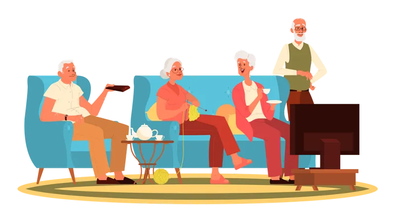 Old people sitting on sofa and watching TV  Illustration