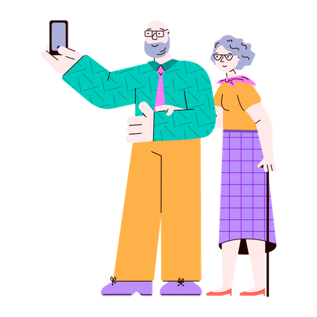 Old people standing and taking selfie on smartphone Illustration