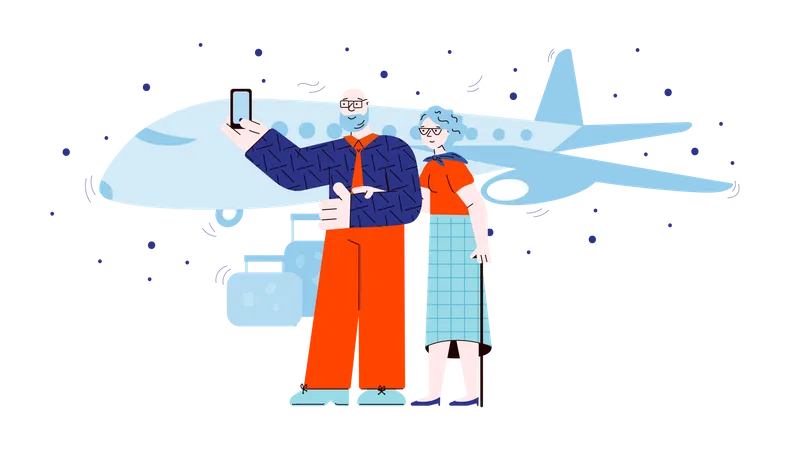 Old people taking selfie in front of airplane Illustration