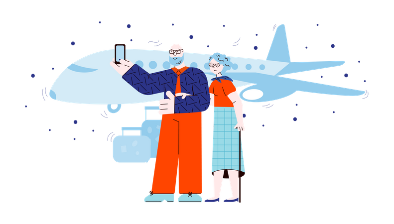 Old people taking selfie in front of airplane  Illustration