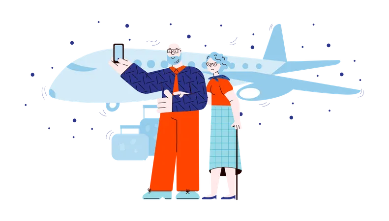 Old people taking selfie in front of airplane  Illustration