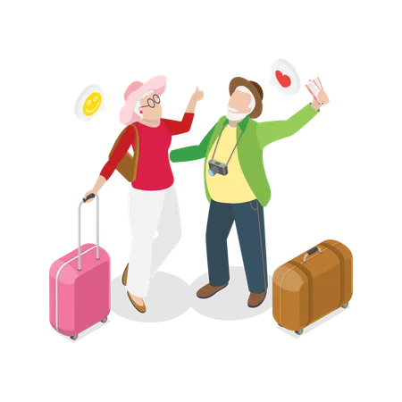 3 D Isometric Flat Vector Illustration Of Old People Travelers Happy Retirement And Planning Vacations Illustration