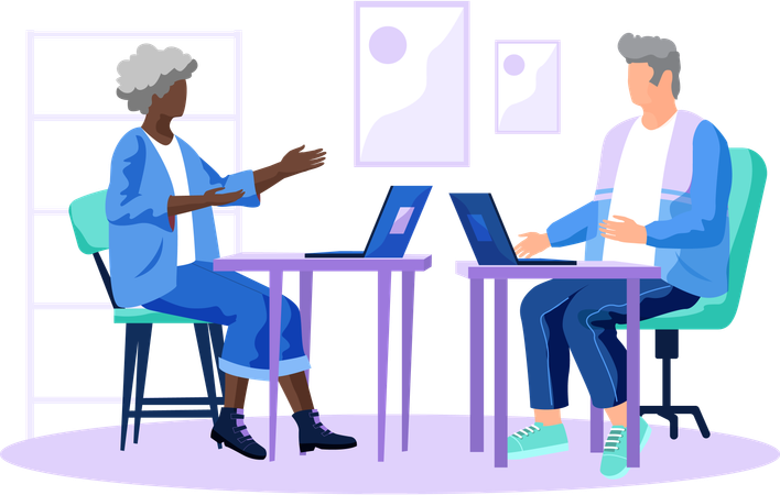 Old people with computer elderly man and woman pc working with technology and modern gadgets  Illustration