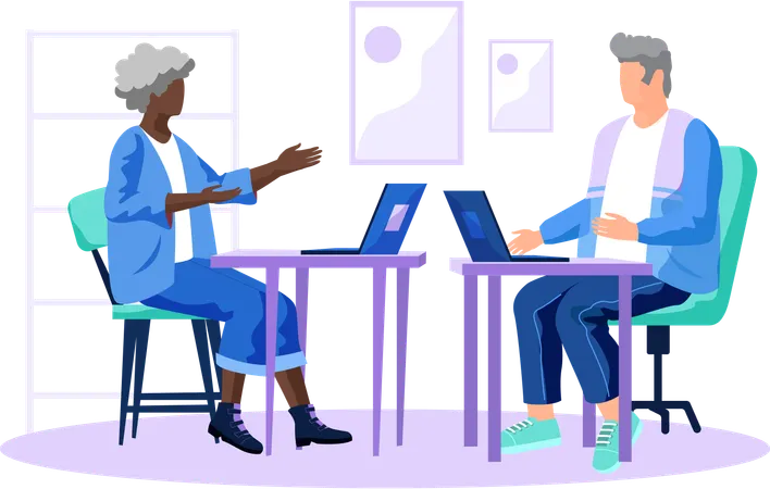 Old people with computer elderly man and woman pc working with technology and modern gadgets  Illustration