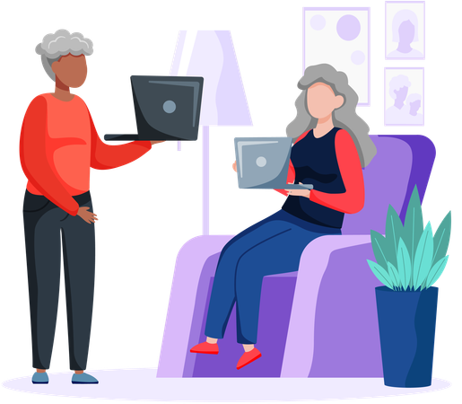 Old person learns new technologies work and communicate through gadget  Illustration