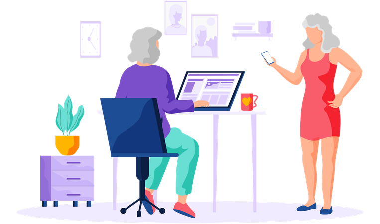 Old person learns new technologies work and communicate through gadget typing on laptop  Illustration