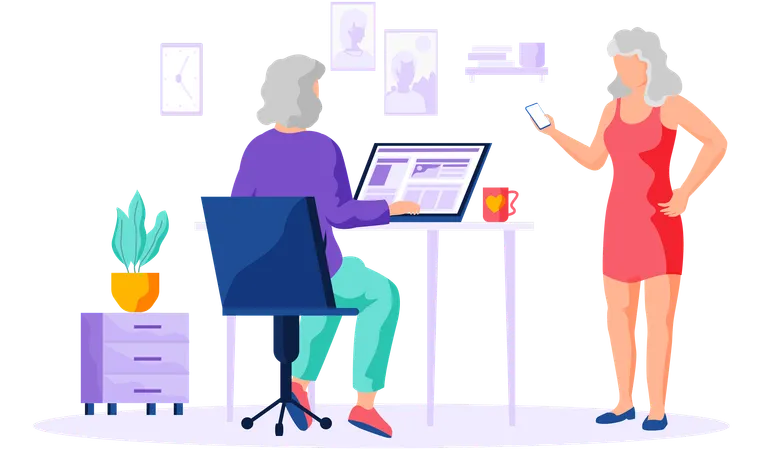 Old person learns new technologies work and communicate through gadget typing on laptop  Illustration