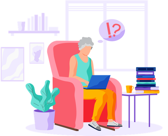 Old person learns new technologies work and communicate through gadget typing on laptop  Illustration