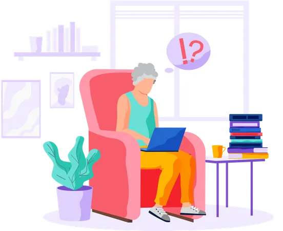 Old person learns new technologies work and communicate through gadget typing on laptop  Illustration