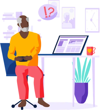 Old person learns new technologies work and communicate through gadget typing on laptop  Illustration