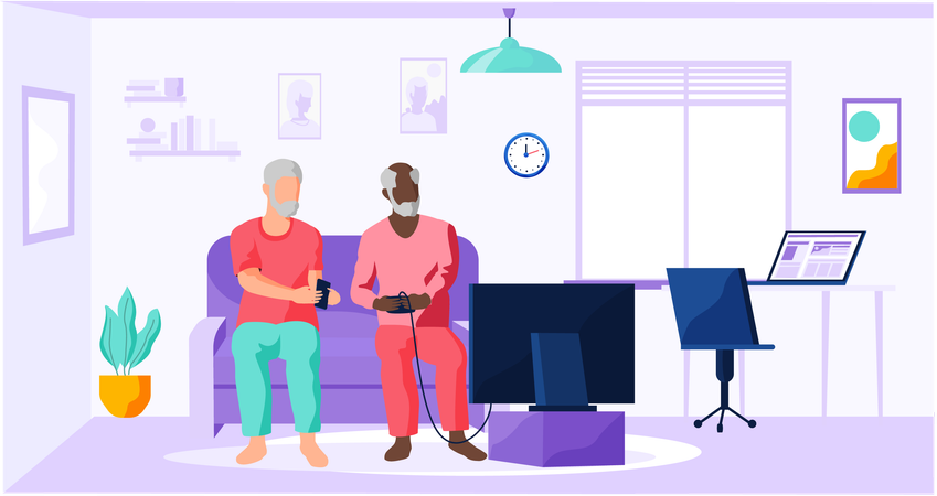 Old person sitting and playing video games with friend  Illustration