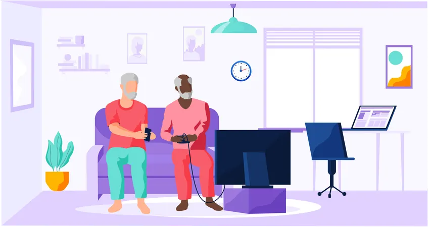Old person sitting and playing video games with friend  Illustration