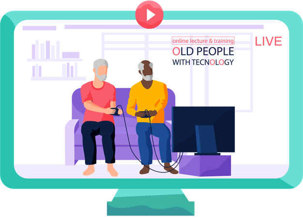Old person sitting and playing video games with friend  Illustration