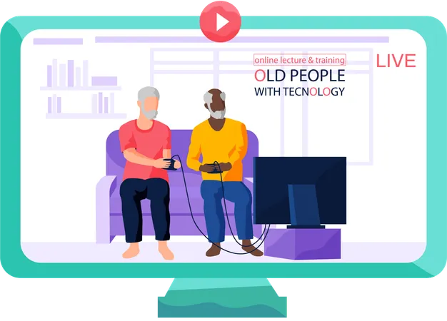 Old person sitting and playing video games with friend  Illustration