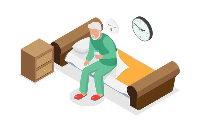 3 D Isometric Flat Vector Illustration Of Insomnia Old Person Suffering From Sleeplessness Illustration