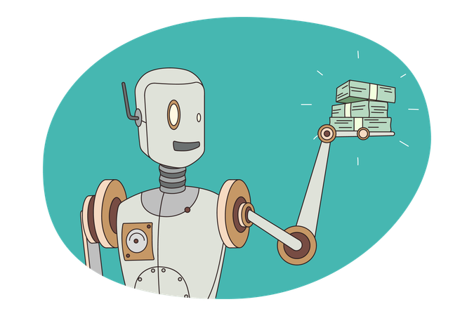Old robot hold stack of money in hands  Illustration