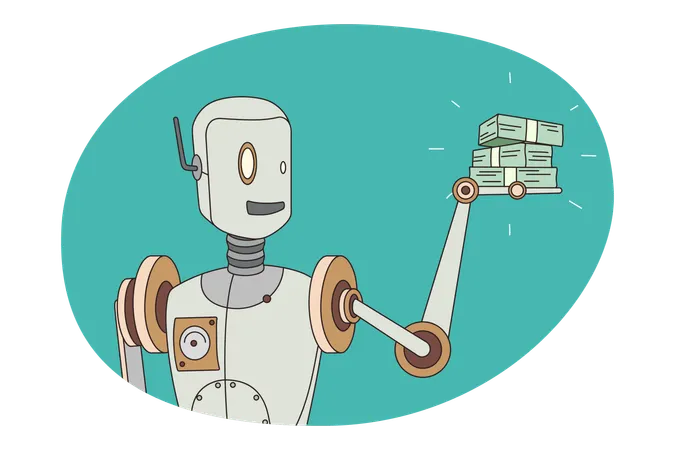 Old robot hold stack of money in hands  Illustration
