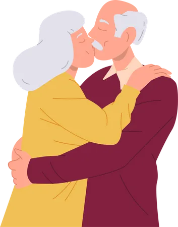 Old Senior Loving Family Couple Kissing Hugging Standing Together Isolated On White Background Beloved Grey Haired Elderly Man And Mature Woman Character Embracing With Happiness Vector Illustration Illustration
