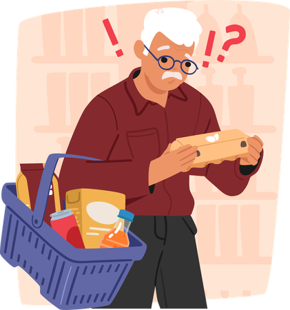 Old senior man buyer choosing fresh eggs while doing shopping in supermarket  Illustration