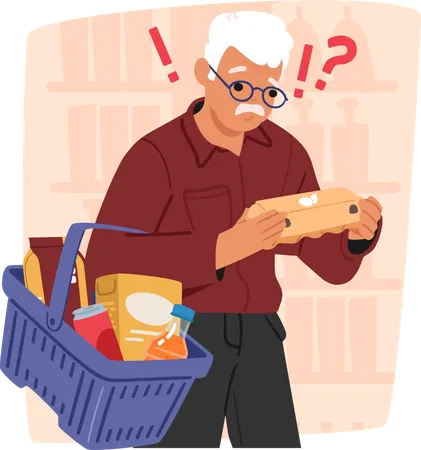 Old senior man buyer choosing fresh eggs while doing shopping in supermarket  Illustration