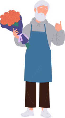 Old senior man florist holding flower bouquet  イラスト