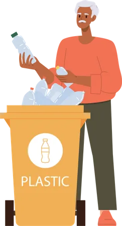Old senior man throwing out plastic bottle into dumpster  Illustration