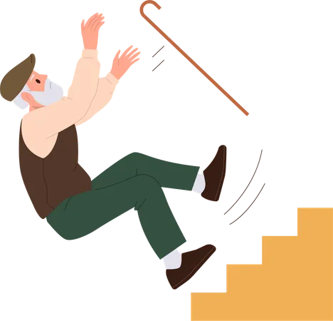 Senior Man Cartoon Character With Cane Falling Down From Stairs Isolated Vector Illustration Pensioner Lost Balance Slipped Felt Dizzy Falldown From Steps Healthcare And Safety For Elderly People Illustration