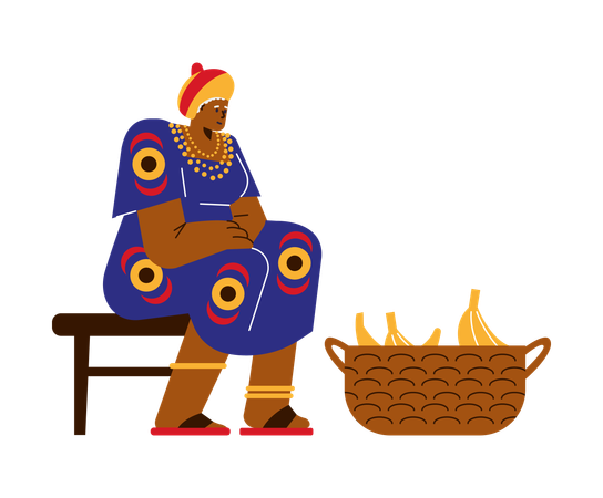 Old smiling African woman sitting with banana basket  Illustration