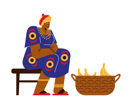 Old smiling African woman sitting with banana basket  Illustration