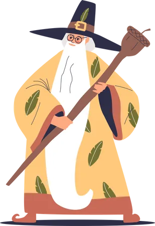 Old sorcerer man with magic staff stick wearing wizard costume Illustration
