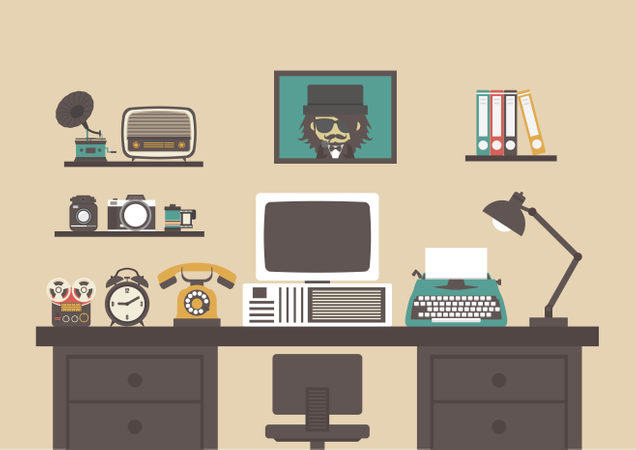 Old Style Working Room With Old Equipment , Retro Workspace Illustration