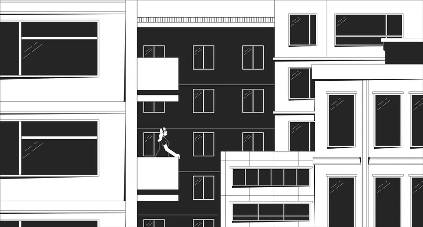 Old Town Black And White Lo Fi Aesthetic Wallpaper City Buildings Woman On Balcony Outline 2 D Vector Cartoon Exterior Illustration Monochrome Lofi Background Bw 90 S Retro Album Art Chill Vibes Illustration