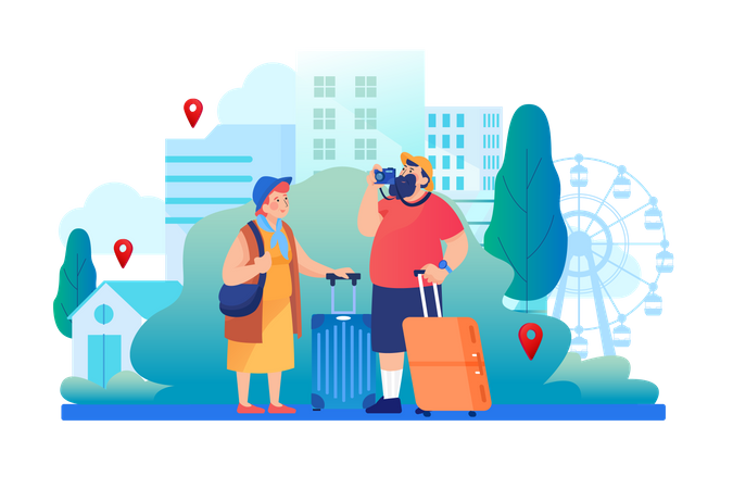 Old travelling couple taking photo  Illustration