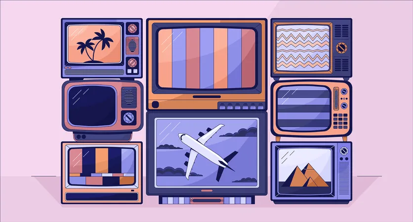 Old Tv Lo Fi Aesthetic Wallpaper Vintage Electrical Appliances TV Signal Noise And Films On Screens 2 D Vector Cartoon Objects Illustration Purple Lofi Background 90 S Retro Album Art Chill Vibes Illustration