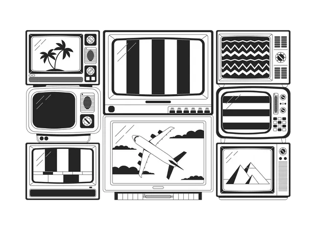 Old Tv Flat Monochrome Isolated Vector Object No Signal Noise Broken Tv Vintage Devices Editable Black And White Line Art Drawing Simple Outline Spot Illustration For Web Graphic Design Illustration