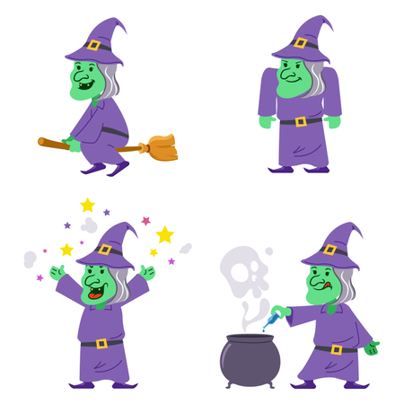 Old Witch Flat Character Collection Set Illustration