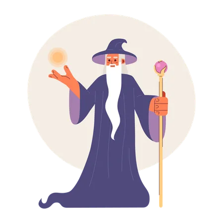 Old Wizard Flat Concept Vector Spot Illustration Mysterious Magician With Long Silver Beard And Magic Staff 2 D Cartoon Character On White For Web UI Design Isolated Editable Creative Hero Image Illustration