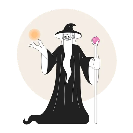 Old Wizard Monochrome Concept Vector Spot Illustration Mysterious Magician With Silver Beard And Magic Staff 2 D Flat Bw Cartoon Character For Web UI Design Isolated Editable Hand Drawn Hero Image Illustration