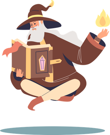 Old wizard sorcerer read spell book levitating  Illustration