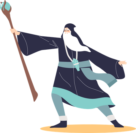 Old wizard sorcerer with magic staff wearing magician robe Illustration