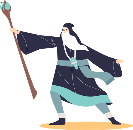 Old wizard sorcerer with magic staff wearing magician robe  Illustration