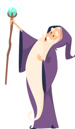 Old wizard sorcerer with magic staff wearing magician robe  Illustration